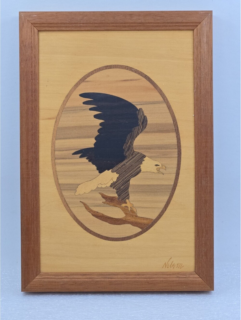 Vintage Jeff Nelson Hudson River Inlay Marquetry Wood Bald Eagle  Artwork